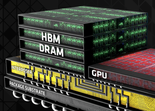 Cross-section of HBM: multiple DRAM layers stacked and connected by through-silicon vias